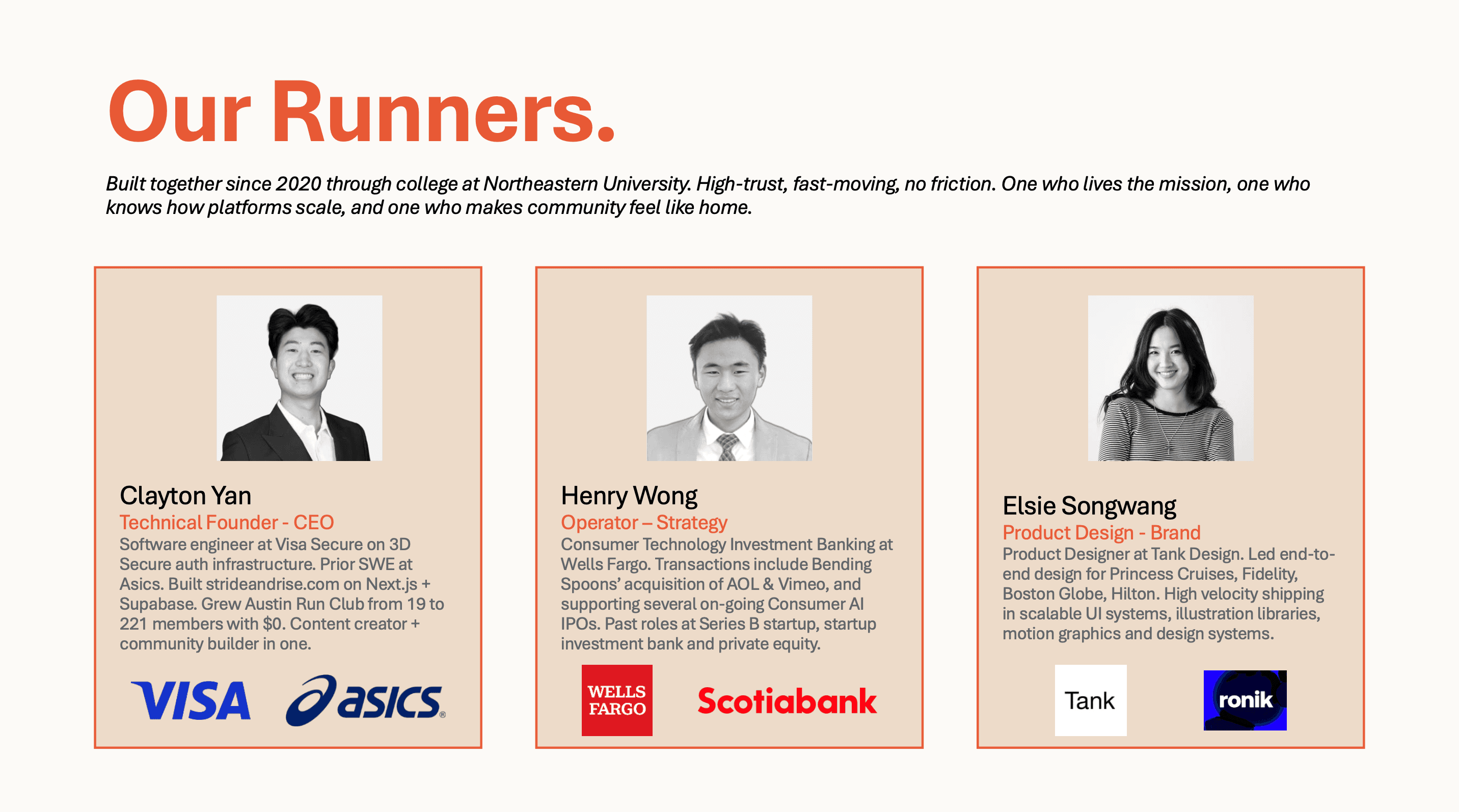 Stride & Rise team: Clayton Yan (Technical Founder, CEO — Visa, Asics); Henry Wong (Operator, Strategy — Wells Fargo, Scotiabank); Elsie Songwang (Product Design, Brand — Tank Design, ronik)